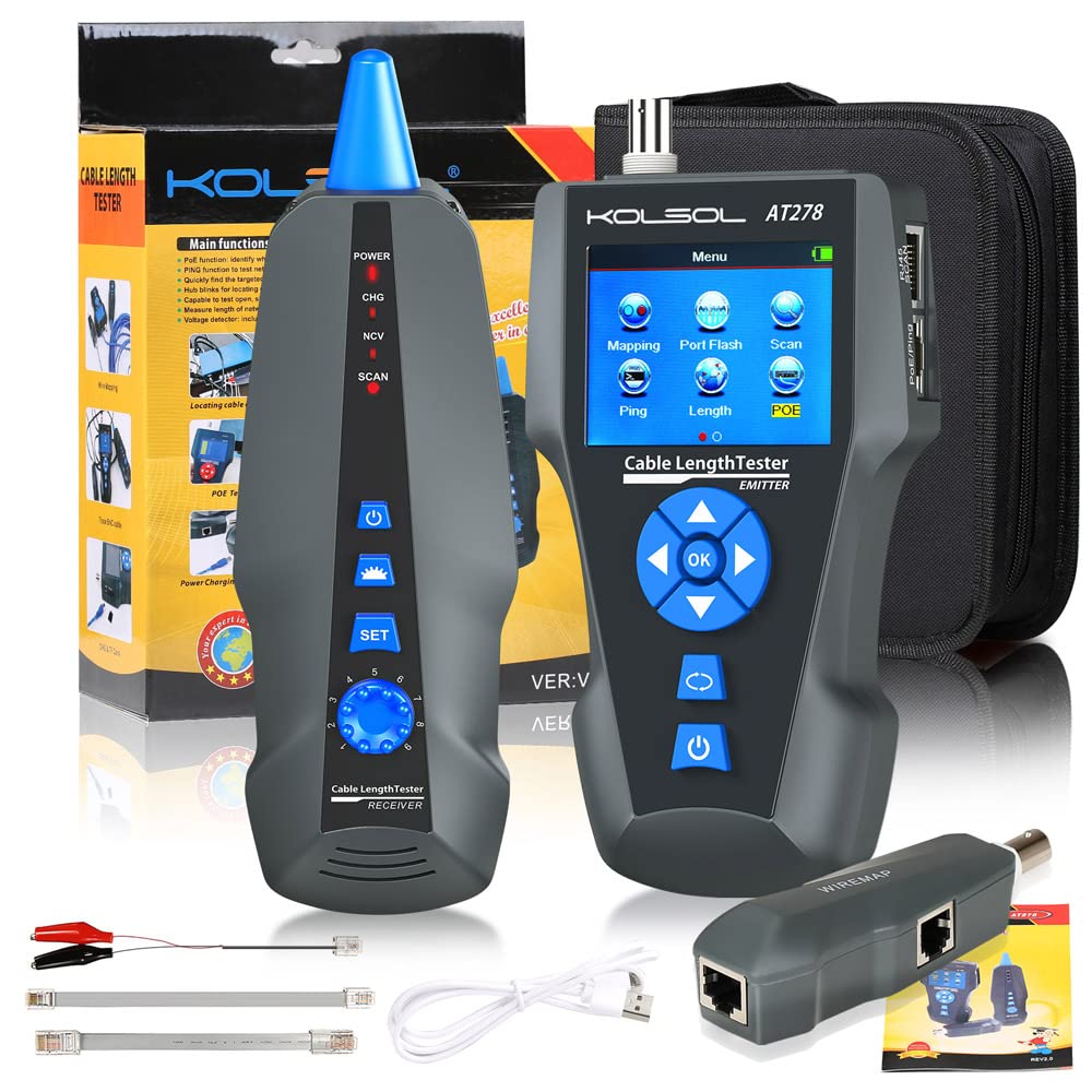 Netwerkkabeltester – Kabeltester – Kabeltracker – Kabelzoeker – Netwerkkabellocator – Voor RJ45, RJ11 en BNC – TDR Kabellengtemeting en PoE Detectie