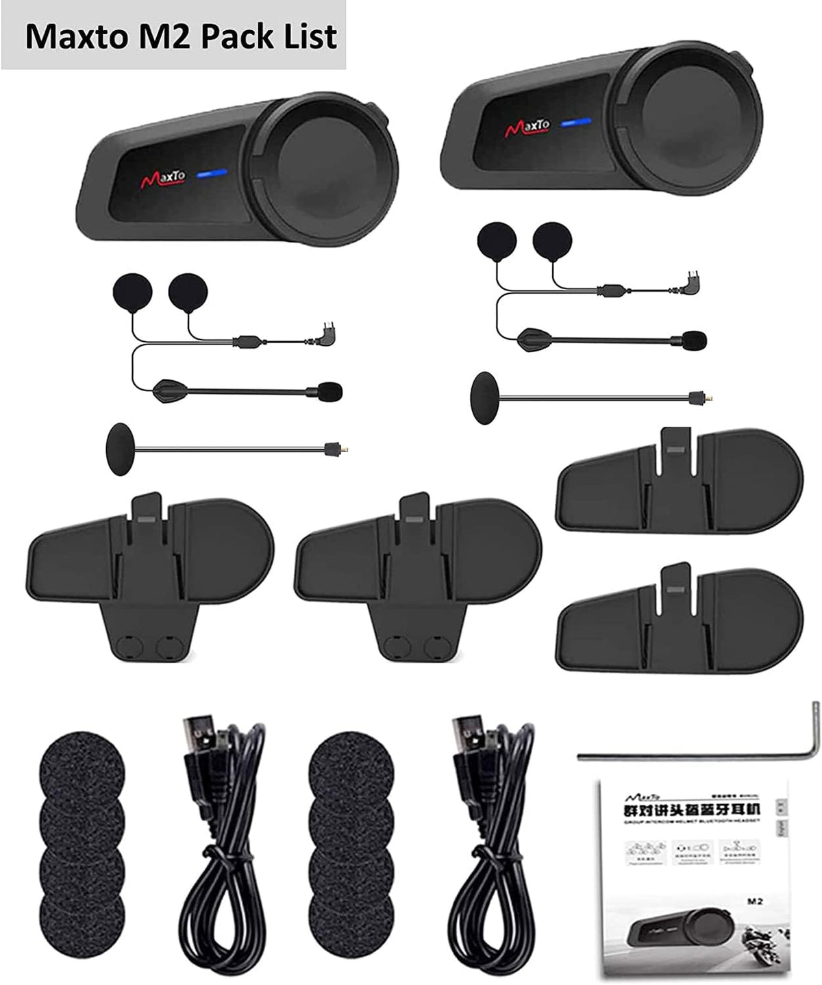 QSPORTPEAK Motorhelm Bluetooth Headset Communicatiesystemen Kit, 2 stks M2 1000M 6 Rijders Helm Bluetooth Intercom met Ruisonderdrukking, BT5.0/FM Radio/Siri/Universele koppeling/Waterdicht