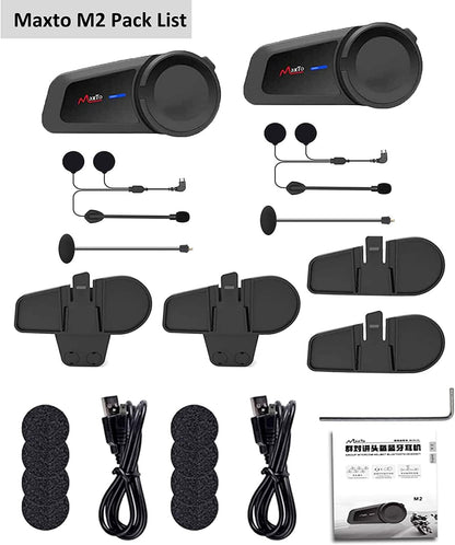 QSPORTPEAK Motorhelm Bluetooth Headset Communicatiesystemen Kit, 2 stks M2 1000M 6 Rijders Helm Bluetooth Intercom met Ruisonderdrukking, BT5.0/FM Radio/Siri/Universele koppeling/Waterdicht