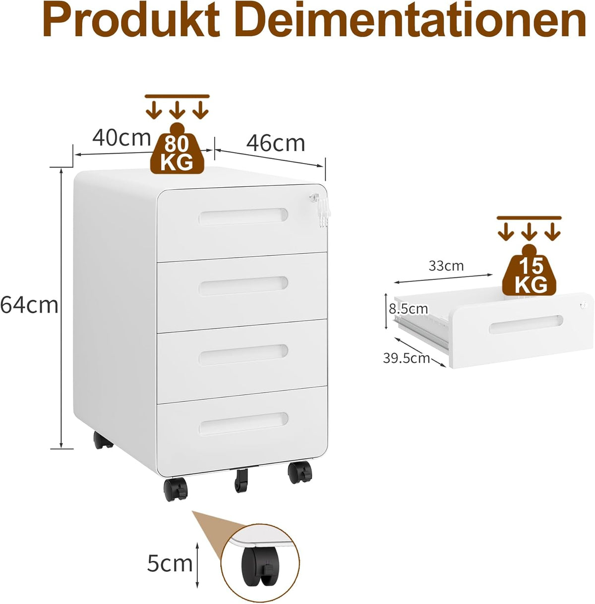 Rollcontainer, mobiele archiefkast, afgeronde hoek, 4 laden, 40 x 46 x 63 cm, wit OFC041W01HI