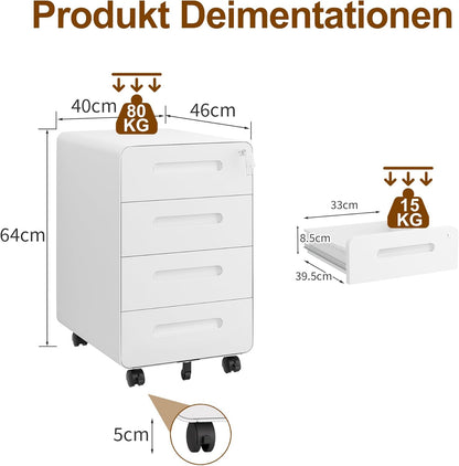 Rollcontainer, mobiele archiefkast, afgeronde hoek, 4 laden, 40 x 46 x 63 cm, wit OFC041W01HI