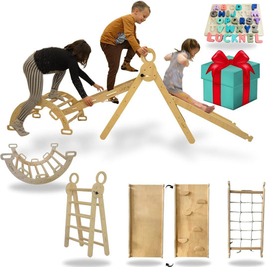 5-in-1 Montessori klimrek binnenshuis set – Pikler driehoek, klimboog, klimnet en indoor glijbaan met dubbelzijdige helling – binnenspeelplaats vanaf 1 jaar, onbehandeld hout