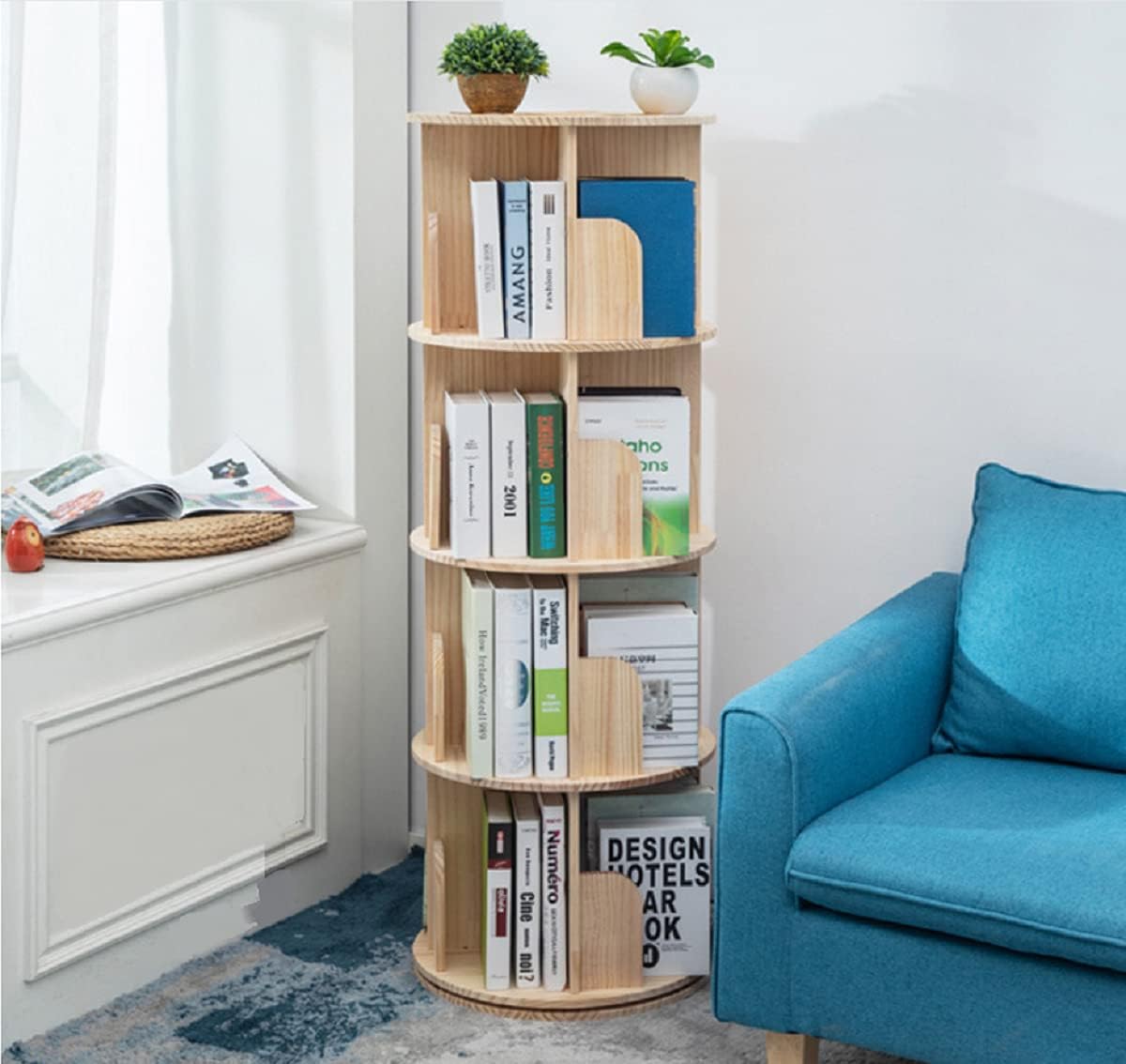 Heehee Roterende Boekenplank 360 Display 4 Tier Vloerstaande Boekenkast Opbergrek voor Kinderen & Volwassenen Massief Houten Boekenplank Organizer