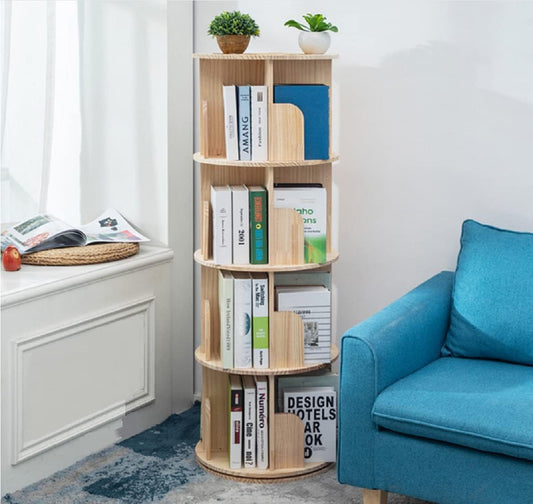 Heehee Roterende Boekenplank 360 Display 4 Tier Vloerstaande Boekenkast Opbergrek voor Kinderen & Volwassenen Massief Houten Boekenplank Organizer