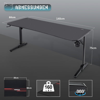 Devoko Gaiming Tafel 140 cm, gamingbureau, gamer, computertafel, ergonomisch pc-bureau met kabelopbergdoos, bekerhouder en hoofdtelefoonhouder, T-vormig (zwart, 140 x 60 x 75 cm)