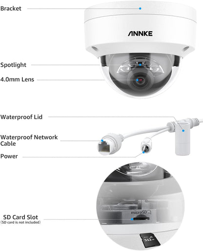 ANNKE C800 Dome 4K Ultra HD PoE Bewakingscamera, H.265 + 8 MP bewakingscamera, bedraad, video, IP67, buiten, IK10, vandalismebewaking, audio-opname, TF-kaart 256 GB (niet PTZ)