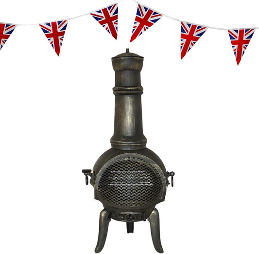 Gietijzeren Chiminea – Tuinhaard – Buitenhaard – Vuurton – Terrasverwarmer – Duurzaam Gietijzer – Inclusief BBQ Rek & Union Jack Bunting