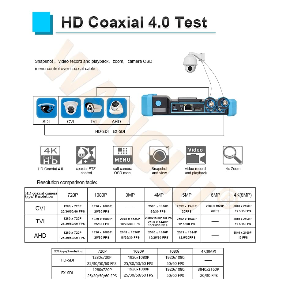 12,7 cm (5 inch) touchscreen coaxiale HD CCTV tester monitor ondersteunt 8MP AHD TVI CVI SDI & 4K IP camera & CVBS camera test, met HDMI VGA-ingang