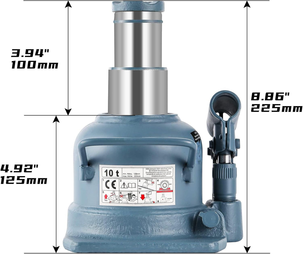 BAOSHISHAN Low Profile Bottle Jack 10 Ton Double Ram Jack 4-7/8'' to 8-7/8'' Lifting Range Hydraulic Jack Stubby Short Welded Bottle Jack