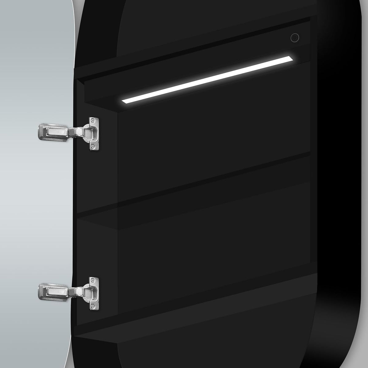 Talos Vento Ovale spiegelkast met verlichting, 45 x 80 cm, zwart, spiegelkast badkamer met 2 legplanken, aluminium, achterwand gespiegeld