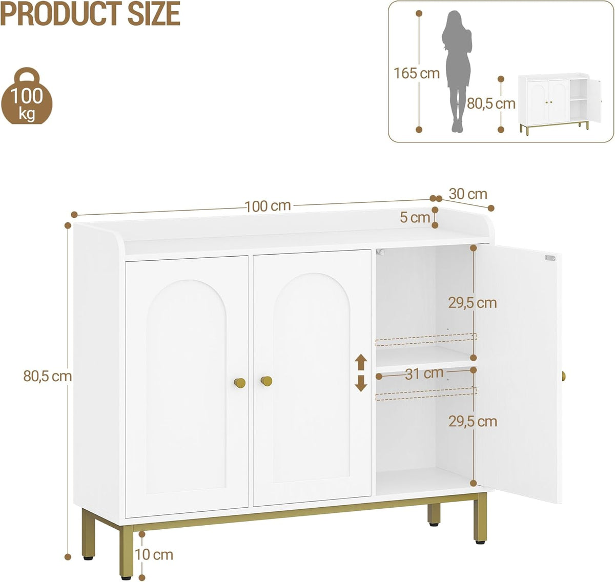 Hzuaneri Sideboard, sideboard, kitchen cabinet, kitchen chest of drawers, 3 doors, adjustable shelves, for kitchen and living room, storage cabinet, 30 x 100 x 80.5 cm, white SC21313G