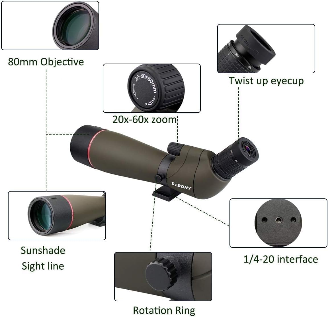 Svbony SV13 20-60x80 Spotting Scope met SC002 WiFi Spotting Scope Camera, Tafelstatief, HD FMC Optiek, Waterdichte Nevelvrij, Spotting Scopes met Telefoon Adapter voor Vogels kijken
