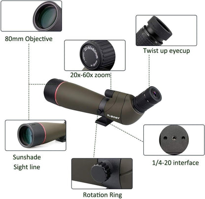 Svbony SV13 20-60x80 Spotting Scope met SC002 WiFi Spotting Scope Camera, Tafelstatief, HD FMC Optiek, Waterdichte Nevelvrij, Spotting Scopes met Telefoon Adapter voor Vogels kijken