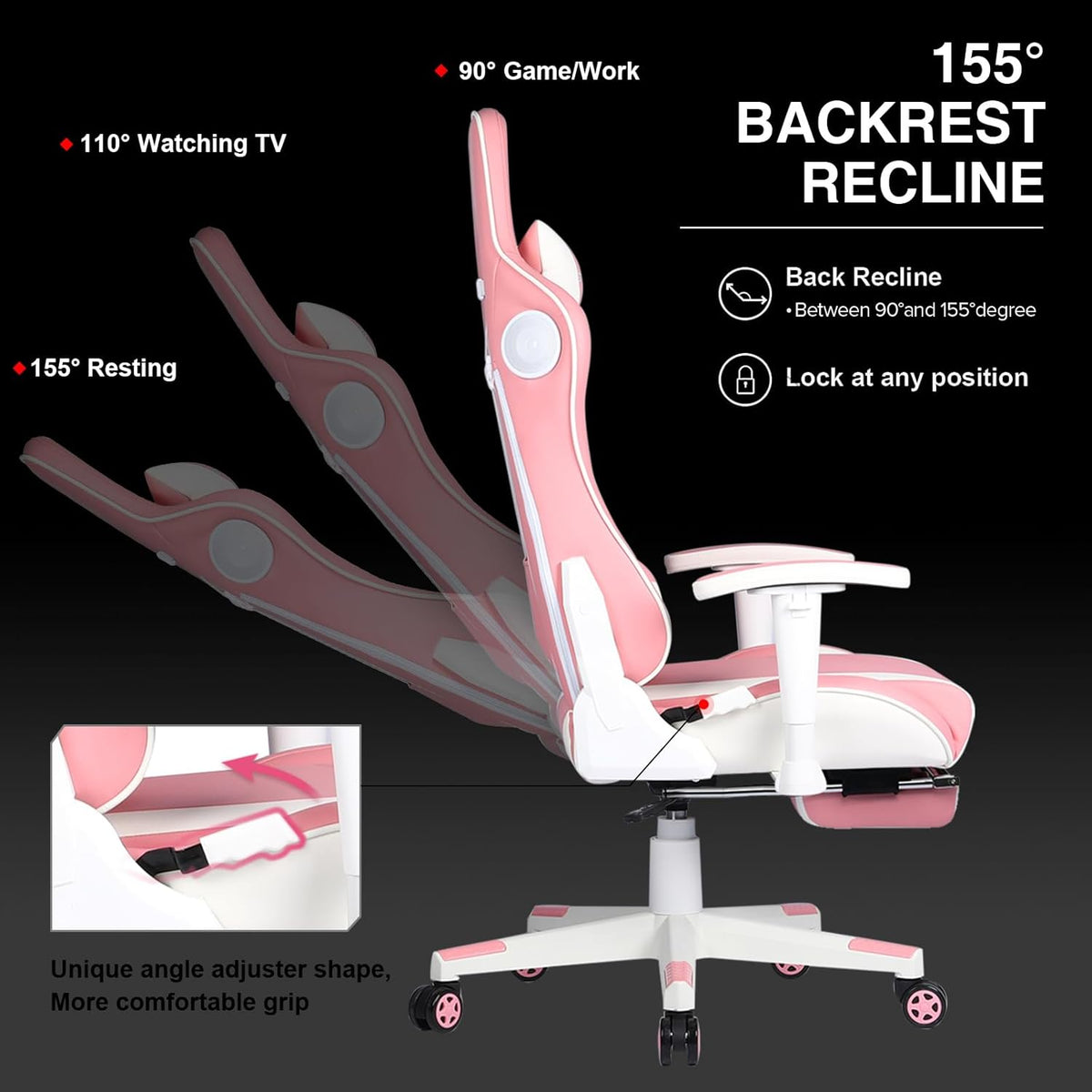 GTPLAYER Gamingstoel, gamerstoel met voetensteun, bluetooth-luidspreker, ergonomische bureaustoel, computerstoel, bureaustoel, pc-stoel met verstelbare rugleuning, belastbaar tot 150 kg, roze