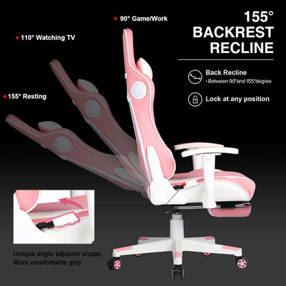 GTPLAYER Gamingstoel, gamerstoel met voetensteun, bluetooth-luidspreker, ergonomische bureaustoel, computerstoel, bureaustoel, pc-stoel met verstelbare rugleuning, belastbaar tot 150 kg, roze