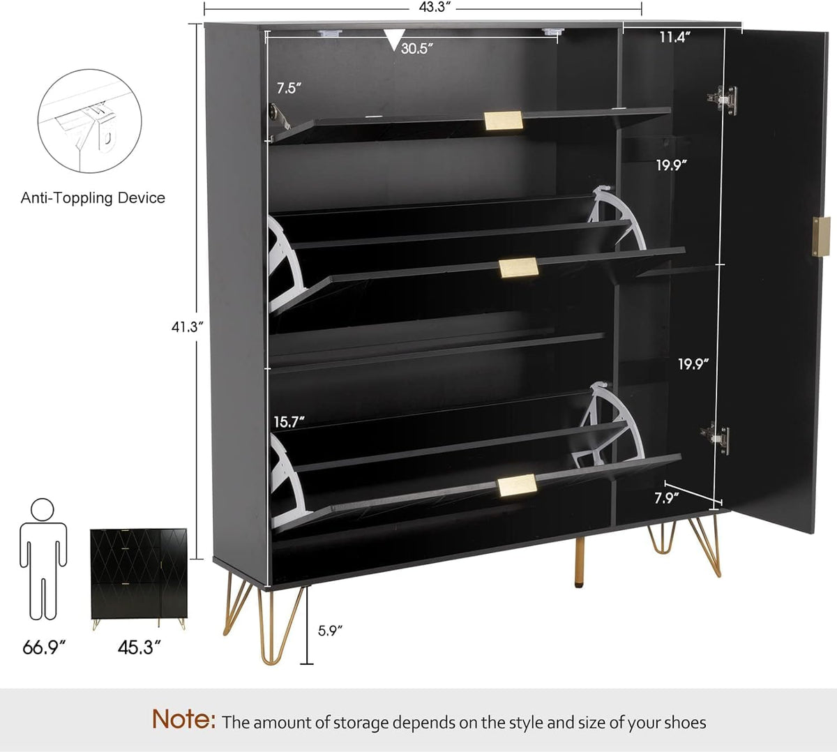 Schoenenkast – Schoenenrek – Schoenendisplay – Schoenopberger – Schoenenkast Zwart – Ruime Opbergruimte voor 16 Paar Schoenen – Scandinavisch Design met Zijvak voor Laarzen
