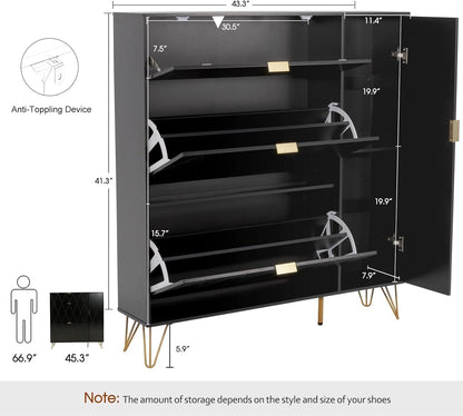 Schoenenkast – Schoenenrek – Schoenendisplay – Schoenopberger – Schoenenkast Zwart – Ruime Opbergruimte voor 16 Paar Schoenen – Scandinavisch Design met Zijvak voor Laarzen