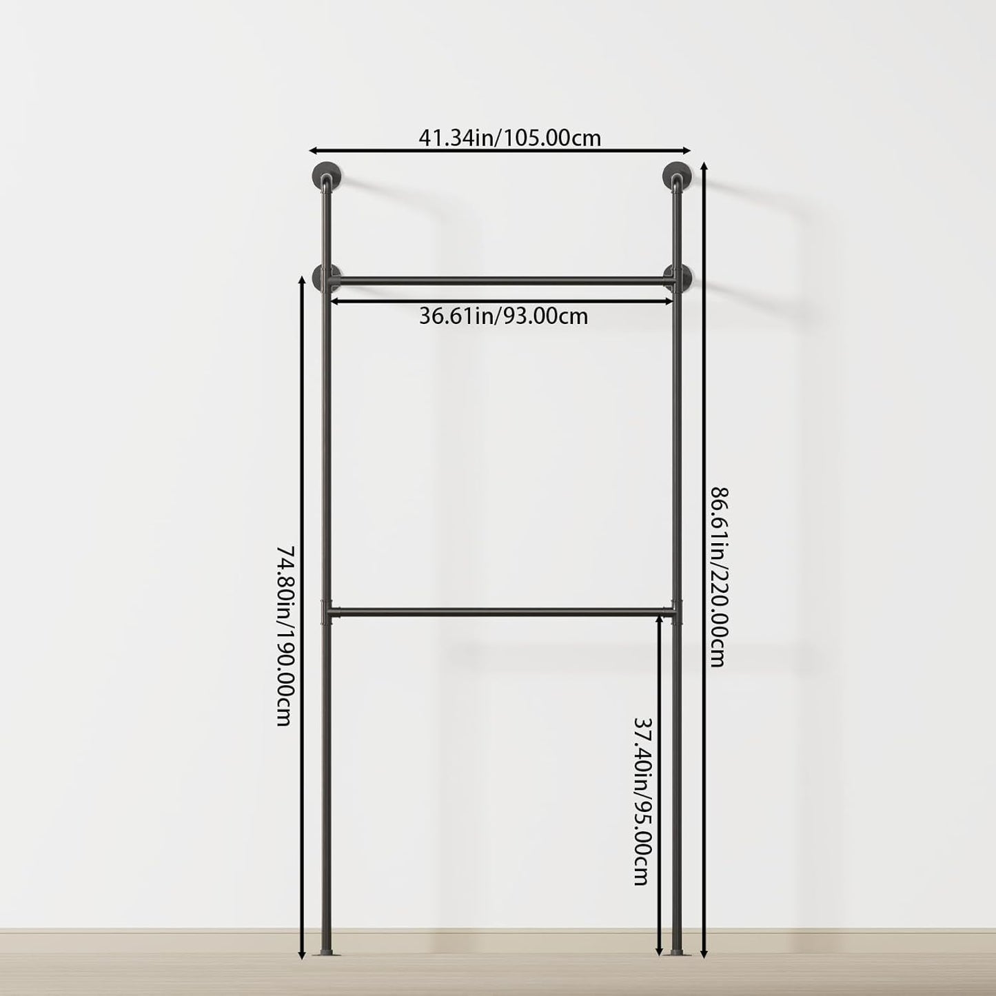 Kledingrek van metalen buis, moderne wandgarderobe, inloopkast, enkele zuil met twee lagen, 105 x 220 cm, zwart