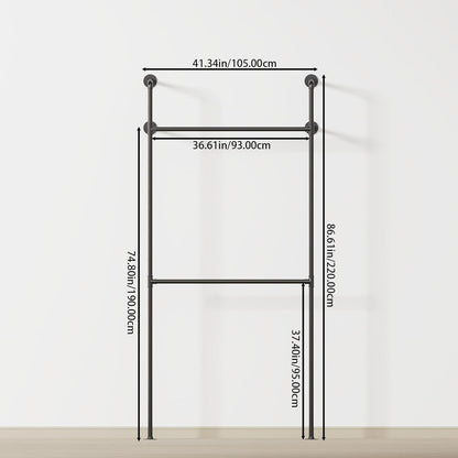 Kledingrek van metalen buis, moderne wandgarderobe, inloopkast, enkele zuil met twee lagen, 105 x 220 cm, zwart