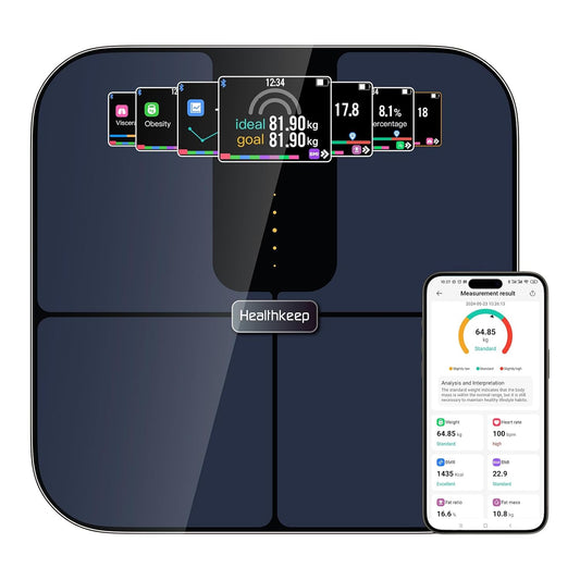 Healthkeep Personenweegschaal met Bluetooth, met TFT-kleurendisplay en ITO-technologie, 25 lichaamsgegevens met hartslag, app voor Andriod en iOS 180 kg/400 lb/28 st, blauw