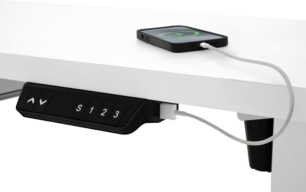 Electric Standing Desk 160 x 60cm White Height Adjustable Ergonomic Sit-to-Stand Computer Workstation Built-in Drawer USB A&C Charging Cable Pocket Hook Office Table Timer Smart Control Panel - QUORE