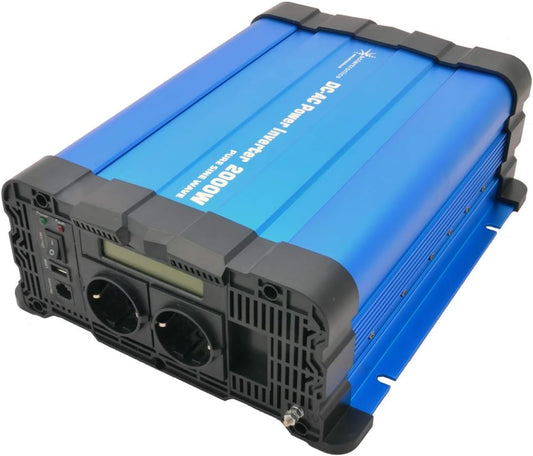 solartronics Spanningsomvormer FS2000D 24V 2000/4000 Watt Pure Sinus BLAUW m. Display FS Serie LiFePO4 / lithium, lood-, gel of AGM-batterij compatibel inverter omvormer