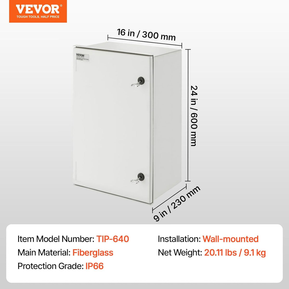 VEVOR NEMA stalen behuizing, 60 x 40 x 23 cm NEMA 4X glasvezel schakelkast, IP66 waterdicht en stofdicht, elektrische aansluitkast voor binnen en buiten, met montageplaat