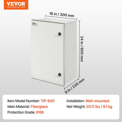 VEVOR NEMA stalen behuizing, 60 x 40 x 23 cm NEMA 4X glasvezel schakelkast, IP66 waterdicht en stofdicht, elektrische aansluitkast voor binnen en buiten, met montageplaat