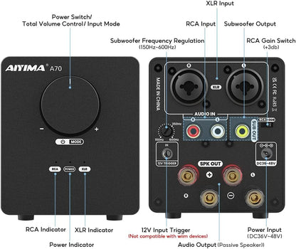 AIYIMA A70 symmetrische stereo-versterker met PFFB 4 ohm 300 Watt TPA3255 2.0-kanaals klasse D-versterker voor thuisbioscoopluidspreker met XLR- en RCA-ingangen en trigger-ingang DC48V 5A