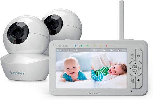 Babysense Babyfoon HD 5 inch met 2 camera's, video-babyfoon zonder wifi, nachtlampje, slaapliedjes, 300 m bereik, tweeweg audio, 4-voudige zoom, 4000 mAh batterij
