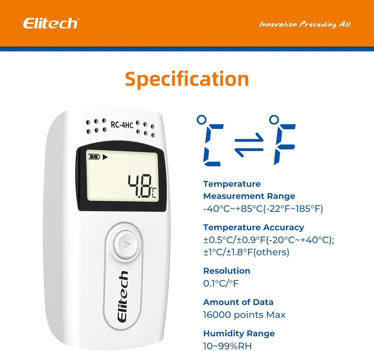 Elitech Datalogger voor temperatuurgegevens, dubbele sensor, groot meetbereik, USB, PDF, LCD, datalogger RC-4HC, 5 stuks