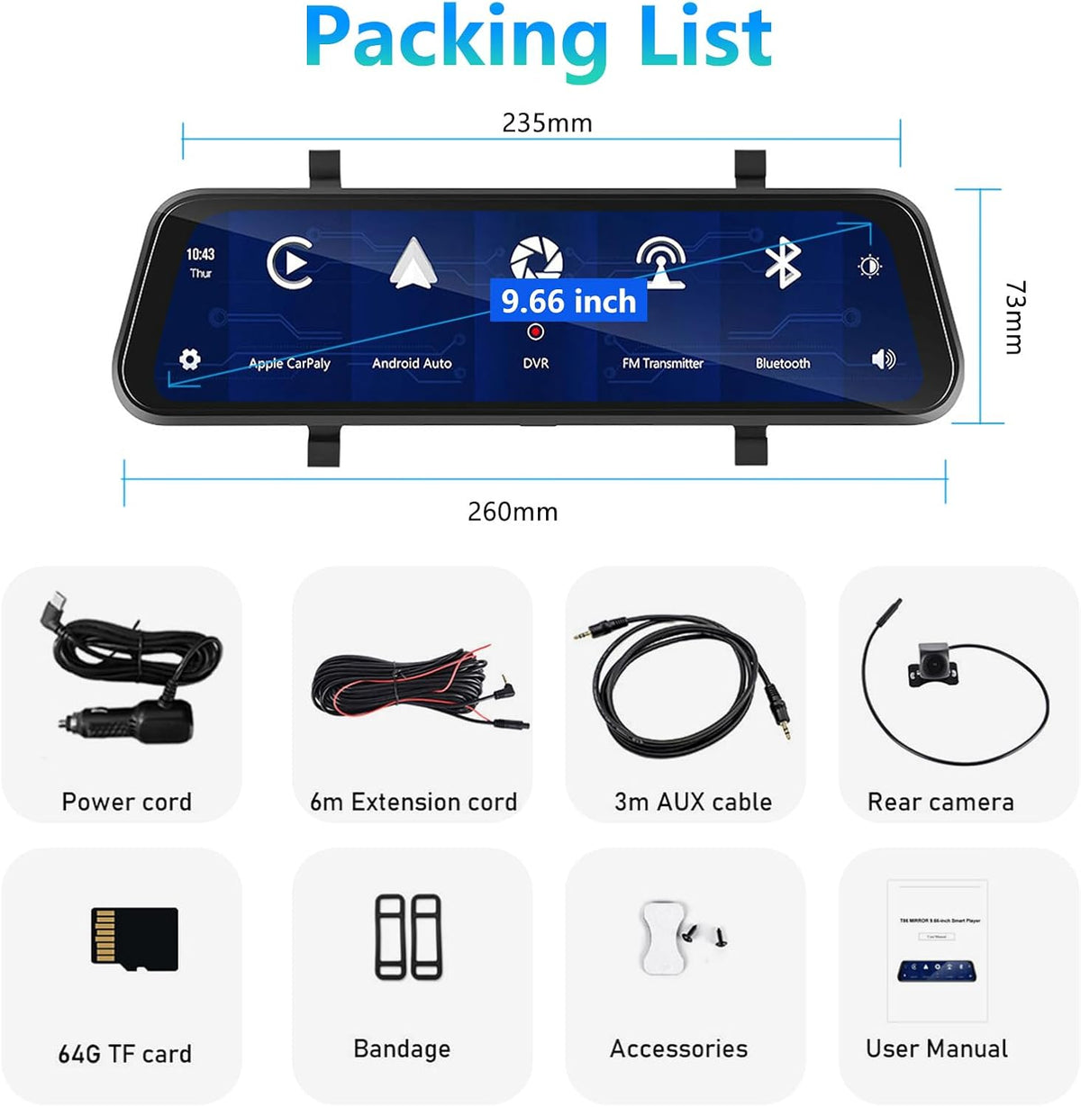 Podofo Mirror Dashcam met draadloze Carplay, Android Auto met HD achteruitrijcamera 9,66 inch IPS touchscreen Dual 1080P achteruitkijkspiegel Dashcam Dash Cam auto, 2 gedeelde schermen, Bluetooth