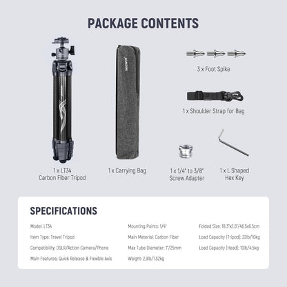 NEEWER LITETRIP 157,5 cm reiscamerastatief, koolstofvezel draagbare standaard met verwijderbare ±15° nivellering, 360° Pano-kop, maximale belasting 10 kg, Arca QR-plaat compatibel met Peak Design