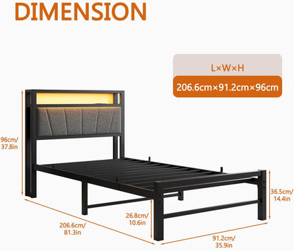 3ft eenpersoonsbedframes met opberghoofdeinde, laadstation/LED-verlichting, metalen gestoffeerd platformbedframe eenpersoons, geen boxspring nodig, ondersteuning voor sterke metalen