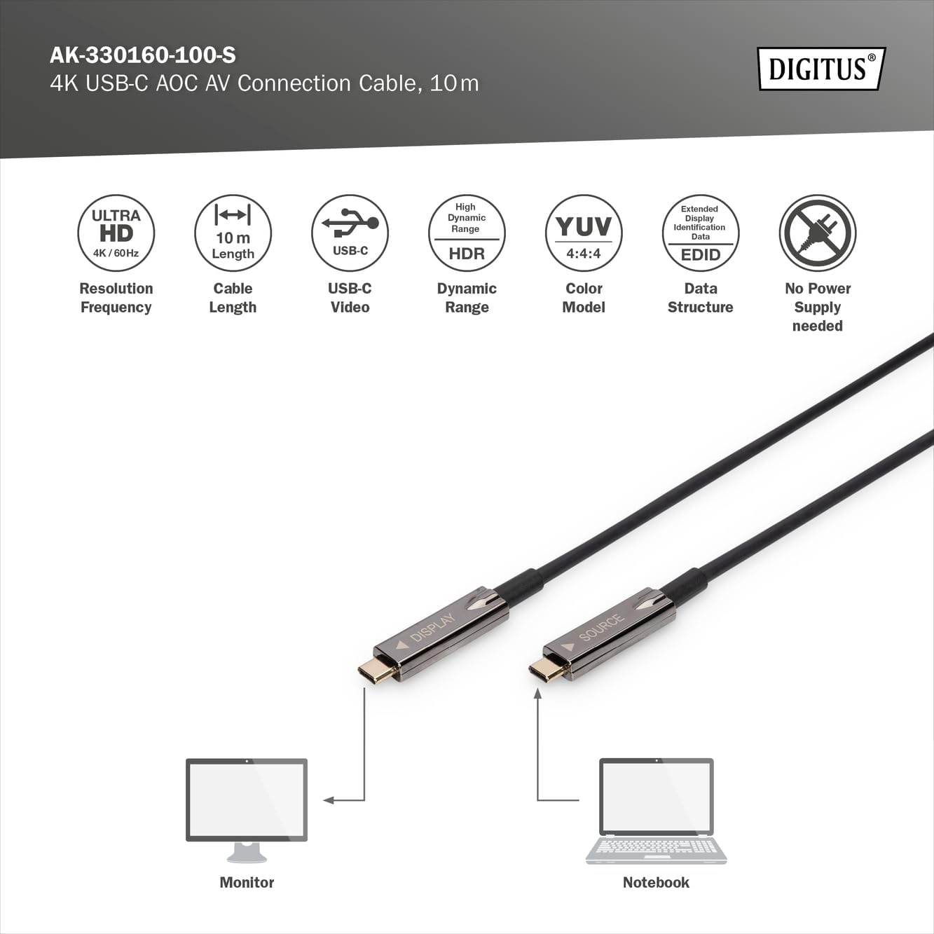 DIGITUS USB-C AOC hybride glasvezel AV verbindingskabel - USB 3.1 - Displayport 1.2 - DP Alt-Mode - Plug&Play - Audio/Video kabel - 10m - zwart