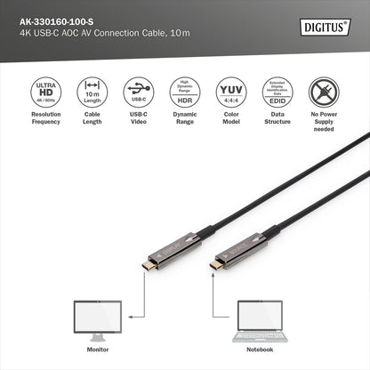 DIGITUS USB-C AOC hybride glasvezel AV verbindingskabel - USB 3.1 - Displayport 1.2 - DP Alt-Mode - Plug&Play - Audio/Video kabel - 10m - zwart