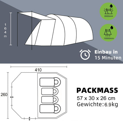 Tunneltent voor 4 personen, tipi-tent, grote campingtent met slaapcabine, 3000 mm waterdichte familietent, huistent met 3 ingangen, glamping-tent met afneembare tentbodem