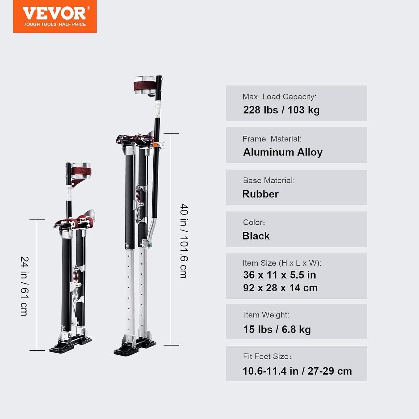 VEVOR Werkplekken van aluminiumlegering, verstelbare hoogte van 61-101,6 cm, voor schilders, draagvermogen 103 kg, gipsplaten, voetmaat 27-29 cm, voor schilderen, decoratie, zwart