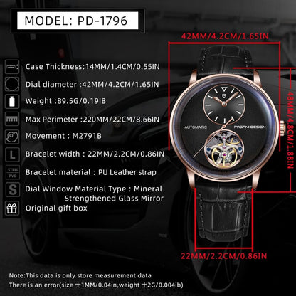 Pagani Design Mechanisch automatisch horloge voor heren, mechanisch visiewerk, behuizing 42 mm van staal 316L armband van PU-leer, waterdicht, 100 m (10 ATM), saffierglas