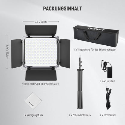 RGB Led Videolicht Set van 2 – Videolamp – Lichtpaneel – Fotolicht – Studioverlichting – 50W per Lamp – 3200K-5600K, CRI97+