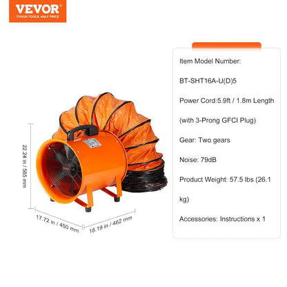 VEVOR 16 Inch Utility Blower Fan, 2 Speed with 16.4ft Duct Hose