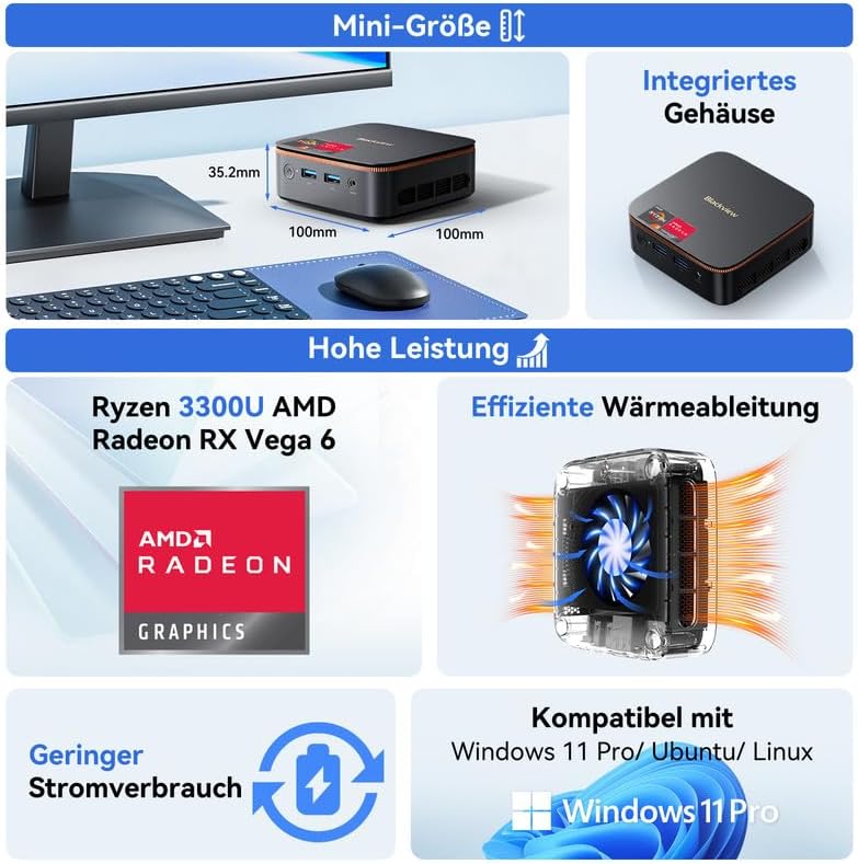 Blackview 2026 MP20 Mini-PC AMD Ryzen 3300U W-11 Pro (Defeat 3200U/3250U), 16 GB RAM 512 GB SSD Mini Desktop-Computer, 4K @ 60 Hz UHD, USB 3.2 + HDMI + DP + RJ45 voor business/school