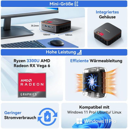 Blackview 2026 MP20 Mini-PC AMD Ryzen 3300U W-11 Pro (Defeat 3200U/3250U), 16 GB RAM 512 GB SSD Mini Desktop-Computer, 4K @ 60 Hz UHD, USB 3.2 + HDMI + DP + RJ45 voor business/school