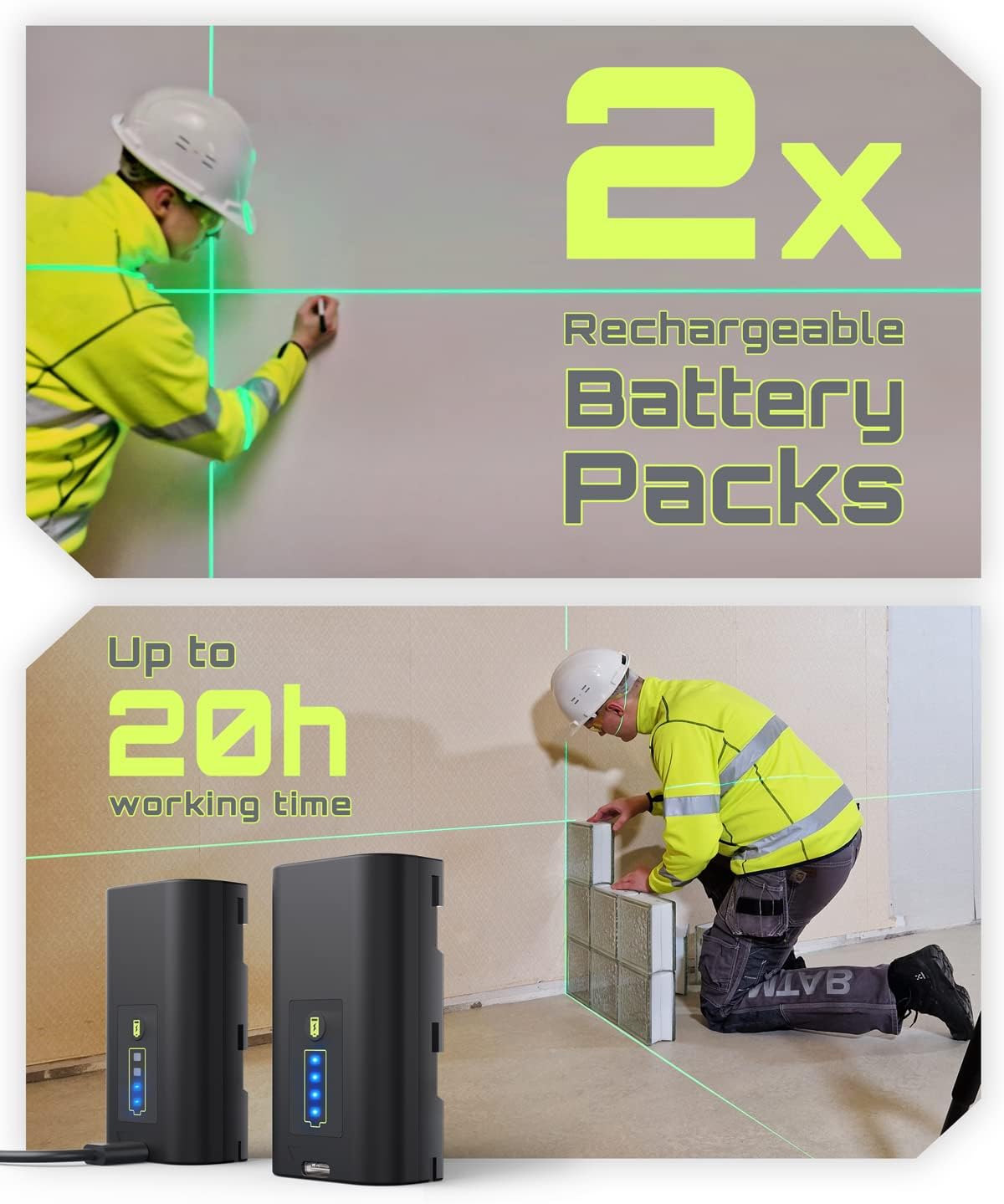 Laserwaterpas – Kruislijnlaser – Lijnlaser – Laserniveau – Bouwlaser – Zelfnivellerend 3x360° Groen – 2 Oplaadbare Batterijen, Magnetische Hefstandaard