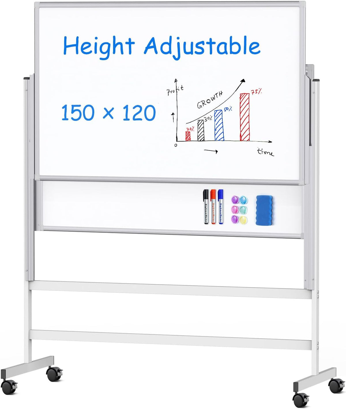 Whiteboard In hoogte verstelbaar, schildersezelstandaard wit bord op wielen mobiel dubbelzijdig magnetisch rollend wit bord glijdend whiteboard voor thuiskantoor klaslokaal