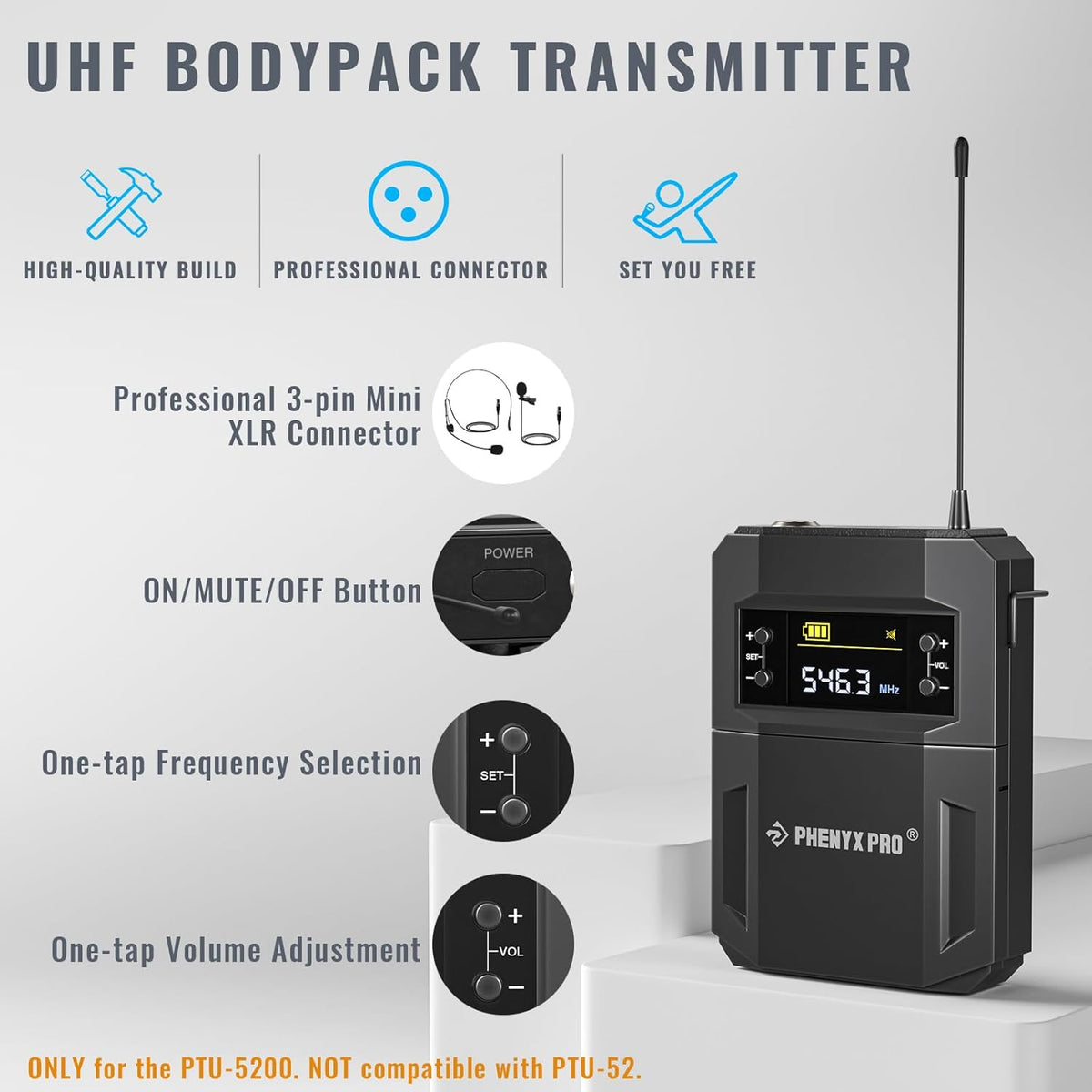 Phenyx Pro Draadloos microfoonsysteem, 4-kanaals draadloze microfoonset met handheld/bodypack/headset/reversmicrofoons, draadloze microfoon voor zingen, karaoke, kerk (PTU-5200B)