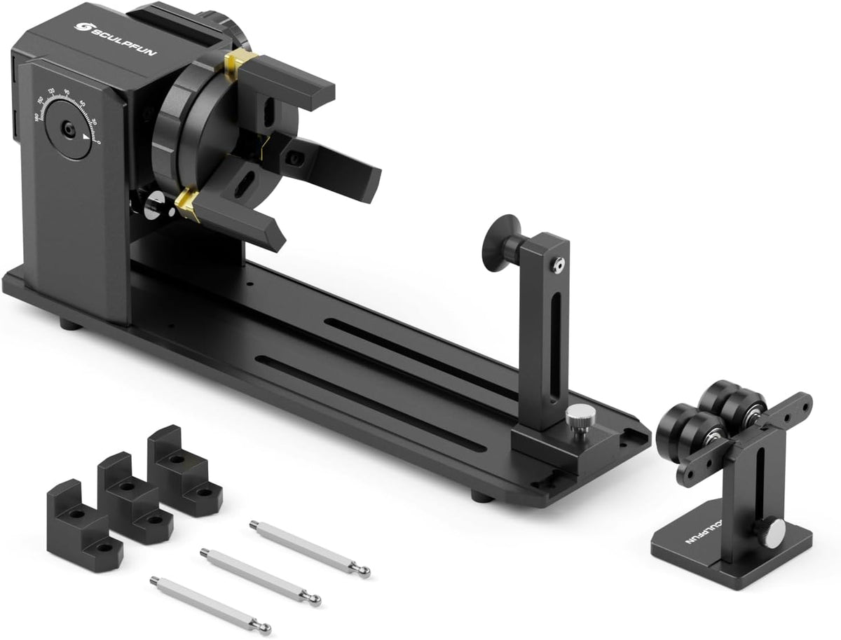 SCULPFUN RA Pro Roterende lasergraveerrol met 3 bekken, 3-in-1 multifunctionele boorhouder voor lasergravure van cilindrische onregelmatige ronde voorwerpen