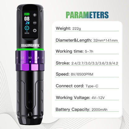 Draadloze Tattoo Pen – Tattoo Machine – Tattoo Kit – Tattoo Gun – Tattoo Set – 7 Verstelbare Slaglengtes – 2 Batterijen 2000mAh