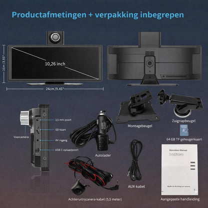 10.26 Inch Draadloos CarPlay Scherm & Android Auto Display - 4K Dashcam & 1080P Achteruitrijcamera - Draagbare Autoradio met Dual Bluetooth, FM, AUX & GPS Navigatie - Inbouwloos & Universeel