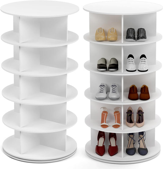 PTUWODS Rotatable 360 Degree Shoe Rack, Round Carousel, Vertical Handbag, White, 5 Floors - QUORE